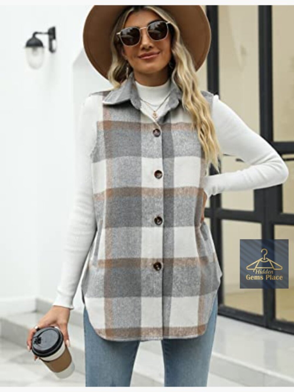 Women's Plaid Vest Brushed Flannel Sleeveless Shacket with Pockets - Picture 4 of 7